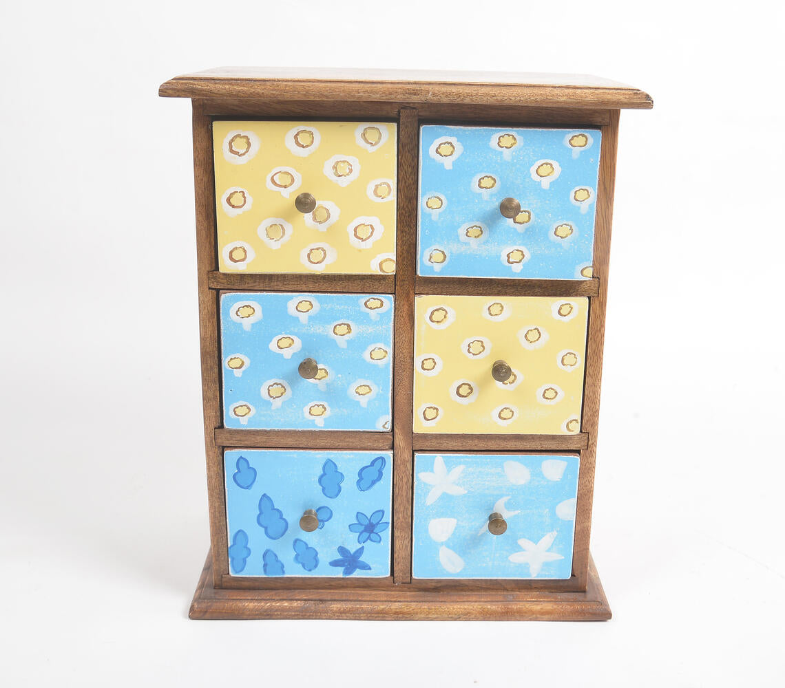 Hand Cut & Painted Mini Chest of 6 Drawers featuring a multicolor distressed wood design, handcrafted by North Indian artisans.