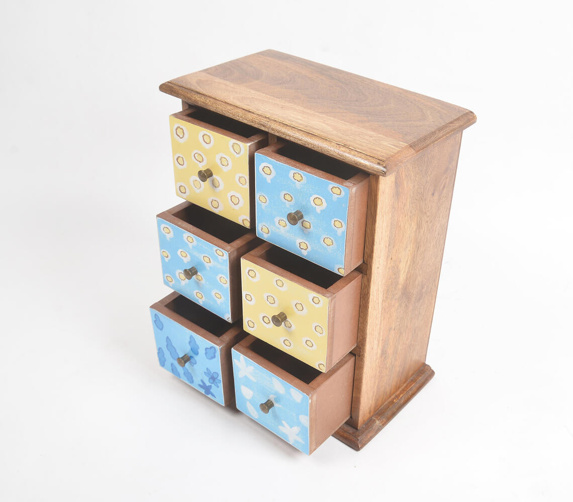 Hand Cut & Painted Mini Chest of 6 Drawers featuring a multicolor distressed wood design, handcrafted by North Indian artisans.