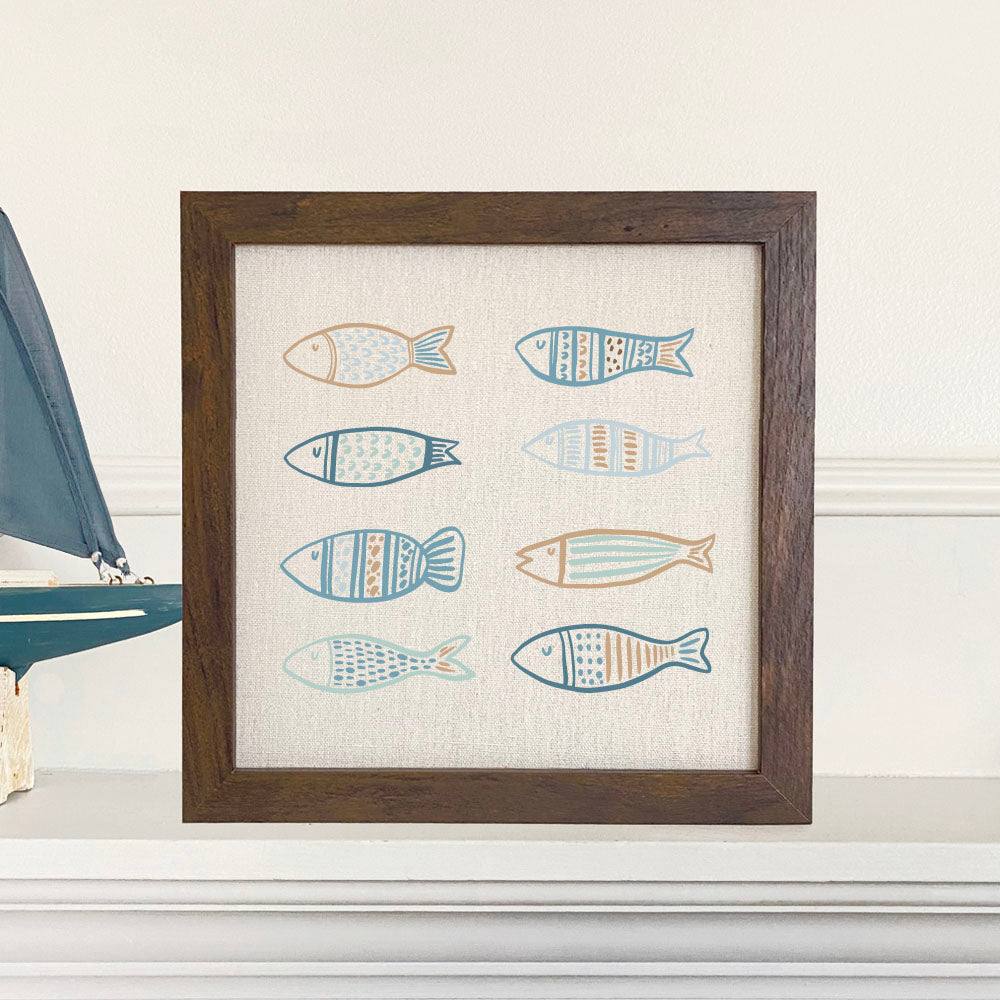 Hand Drawn Fish framed sign with a rustic wood frame and eco-friendly print on a linen-look background, perfect for home decor.