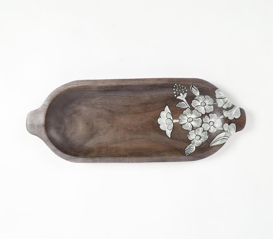 Hand painted elongated platter made of mango wood featuring intricate floral sketches, showcasing rustic elegance and artisanal craftsmanship.
