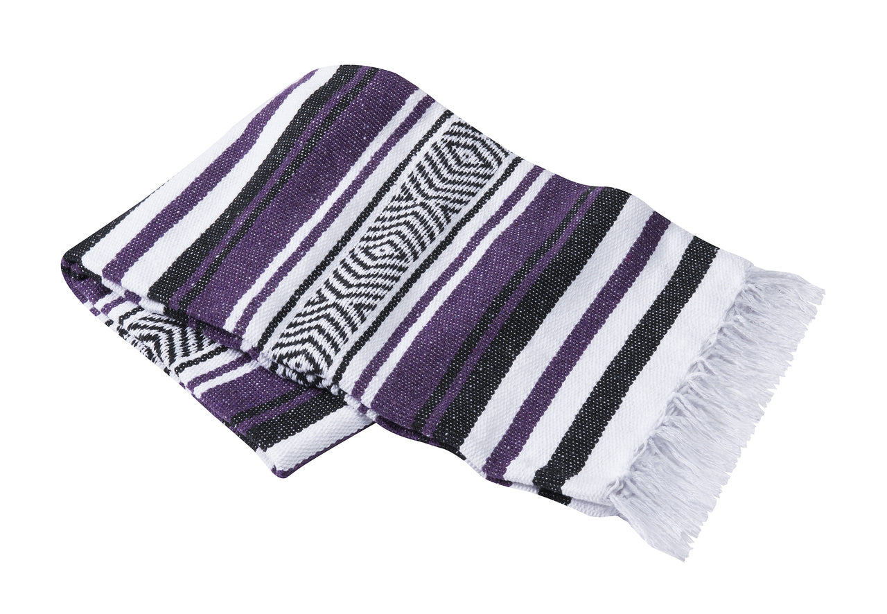 Hand woven striped yoga blanket made of cotton and acrylic, showcasing vibrant colors and intricate patterns, perfect for yoga practice.