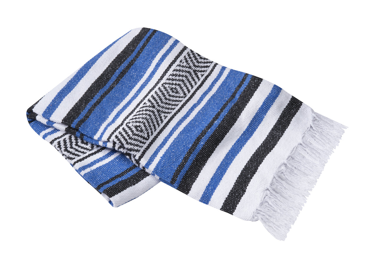 Hand woven striped yoga blanket made of cotton and acrylic, showcasing vibrant colors and intricate patterns, perfect for yoga practice.
