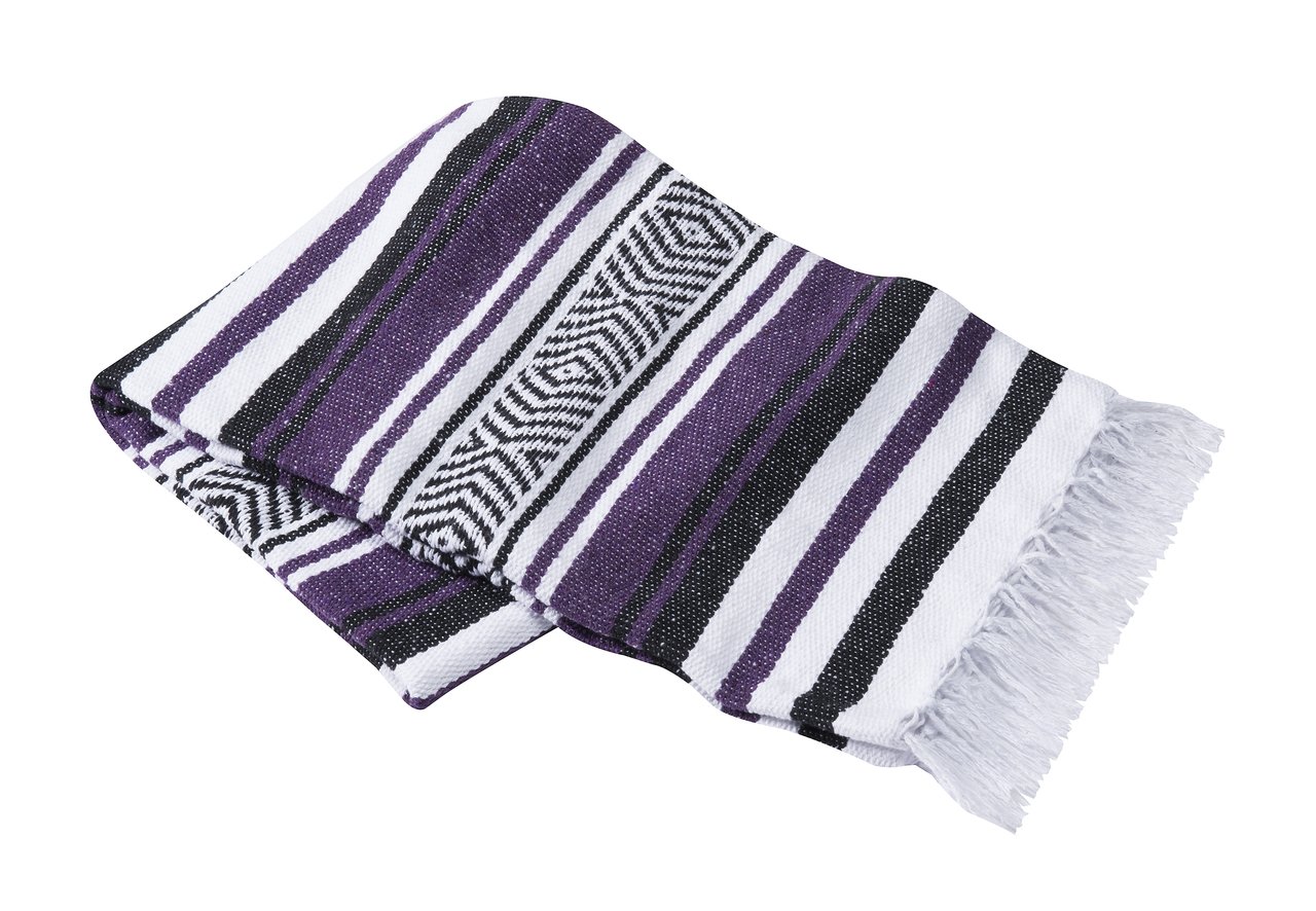 Hand woven striped yoga blanket made of cotton and acrylic, showcasing vibrant colors and intricate patterns, perfect for yoga practice.