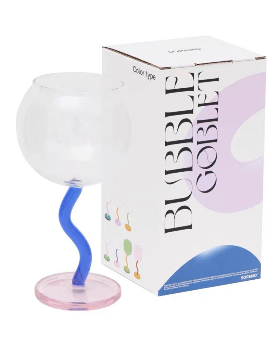 Handblown Bubble Wine Glass featuring a colorful, whimsical design with a wavy stem, perfect for enhancing wine tasting experiences.