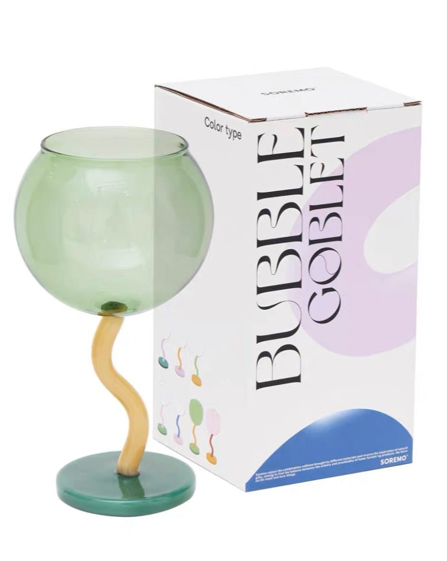 Handblown Bubble Wine Glass featuring a colorful, whimsical design with a wavy stem, perfect for enhancing wine tasting experiences.