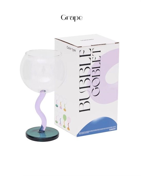 Handblown Bubble Wine Glass featuring a colorful, whimsical design with a wavy stem, perfect for enhancing wine tasting experiences.