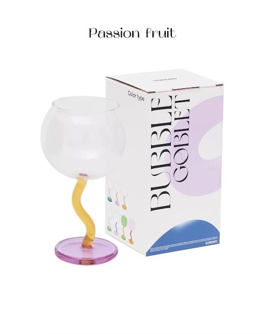 Handblown Bubble Wine Glass featuring a colorful, whimsical design with a wavy stem, perfect for enhancing wine tasting experiences.