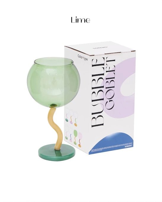Handblown Bubble Wine Glass featuring a colorful, whimsical design with a wavy stem, perfect for enhancing wine tasting experiences.