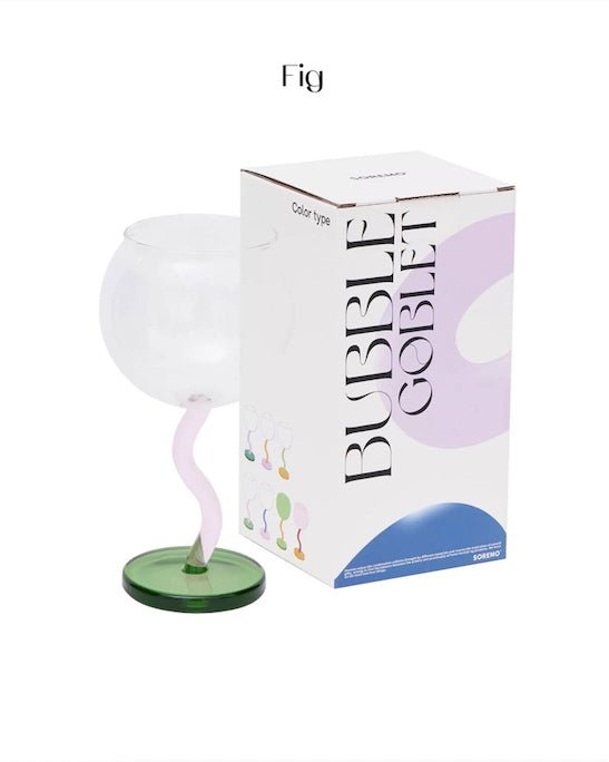 Handblown Bubble Wine Glass featuring a colorful, whimsical design with a wavy stem, perfect for enhancing wine tasting experiences.