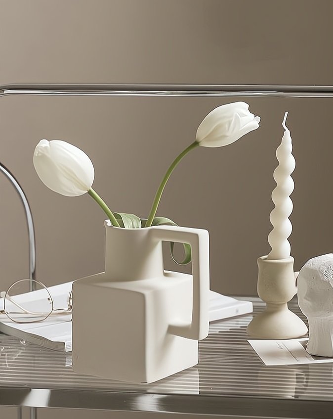 A unique handmade ceramic jug pitcher vase with a spout and handle, showcasing a modern minimalist design, perfect for decorative use.