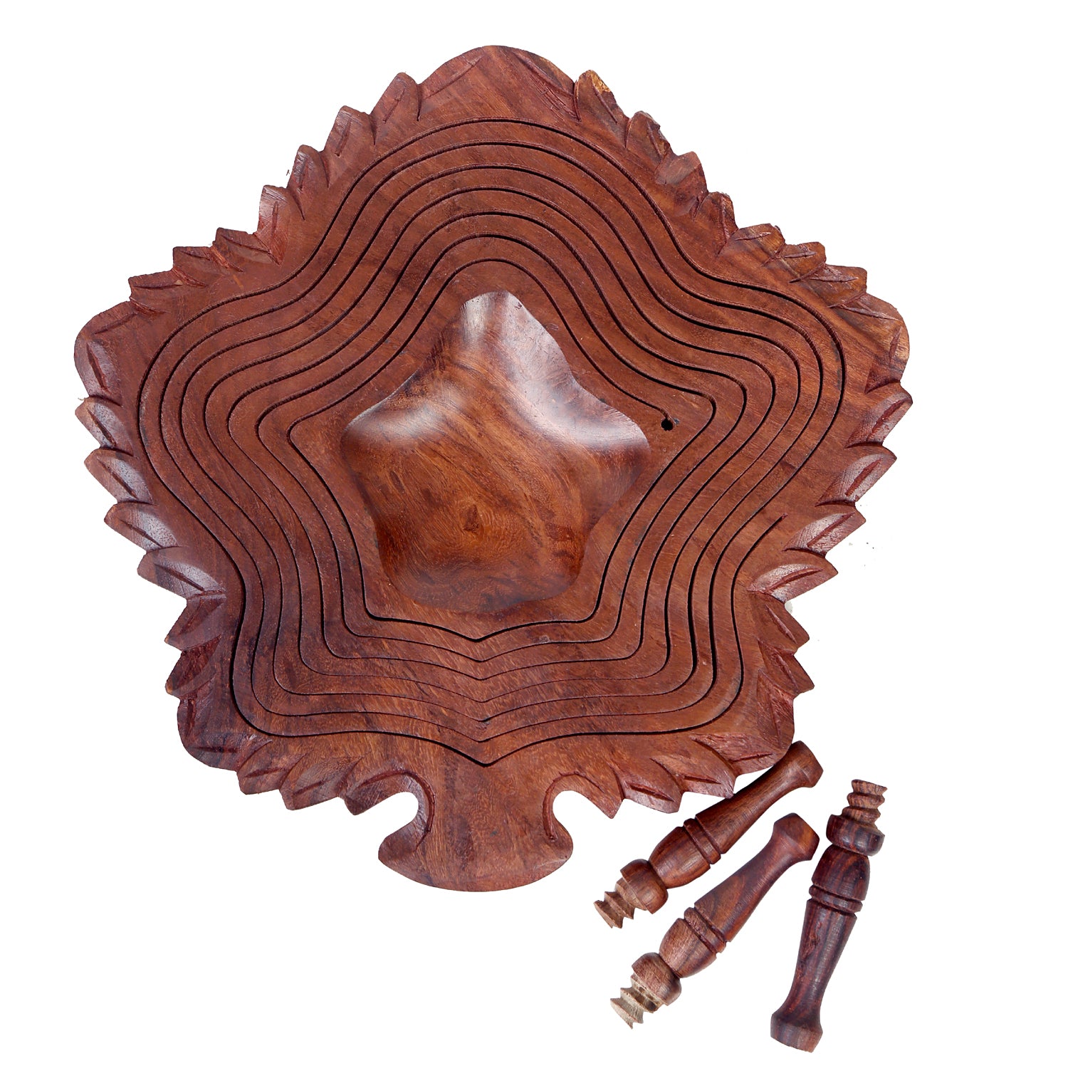 Handmade collapsible wooden fruit basket made from Rosewood, featuring a unique leaf design and detachable legs for easy storage.