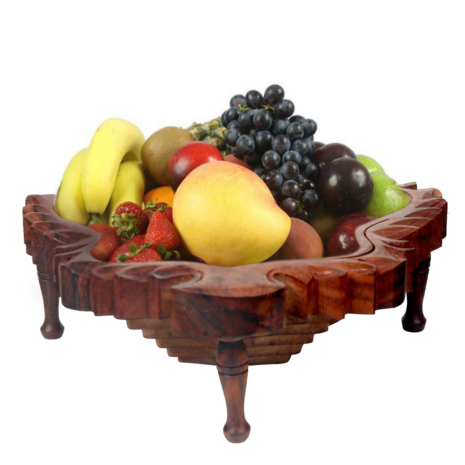 Handmade collapsible wooden fruit basket made from Rosewood, featuring a unique leaf design and detachable legs for easy storage.