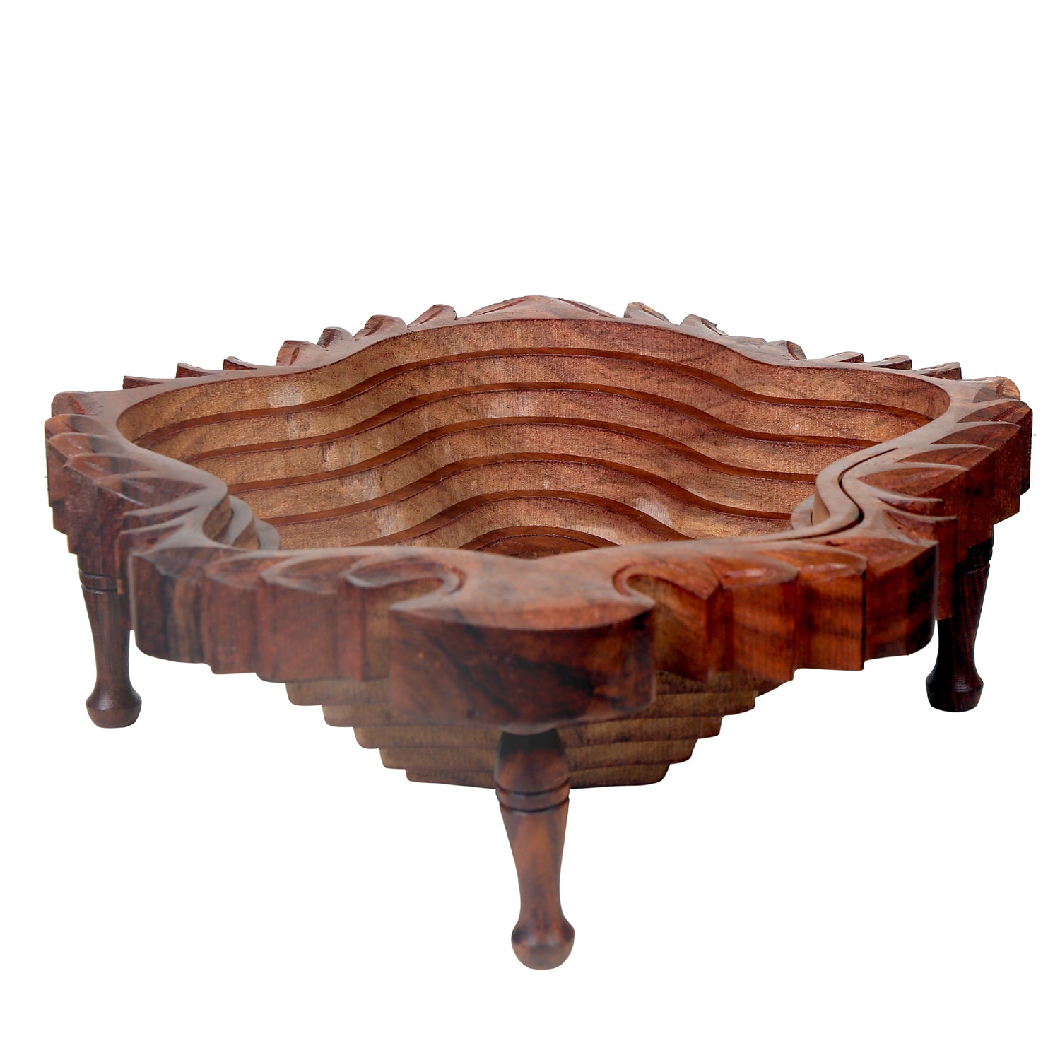 Handmade collapsible wooden fruit basket made from Rosewood, featuring a unique leaf design and detachable legs for easy storage.