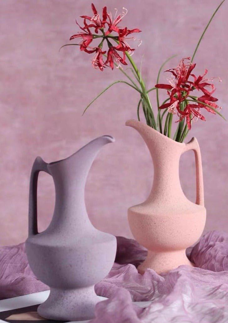 Handmade tall medieval style ceramic decorative flower vase with a matte finish, showcasing vibrant dopamine colors.