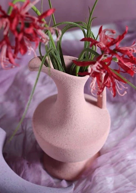 Handmade tall medieval style ceramic decorative flower vase with a matte finish, showcasing vibrant dopamine colors.