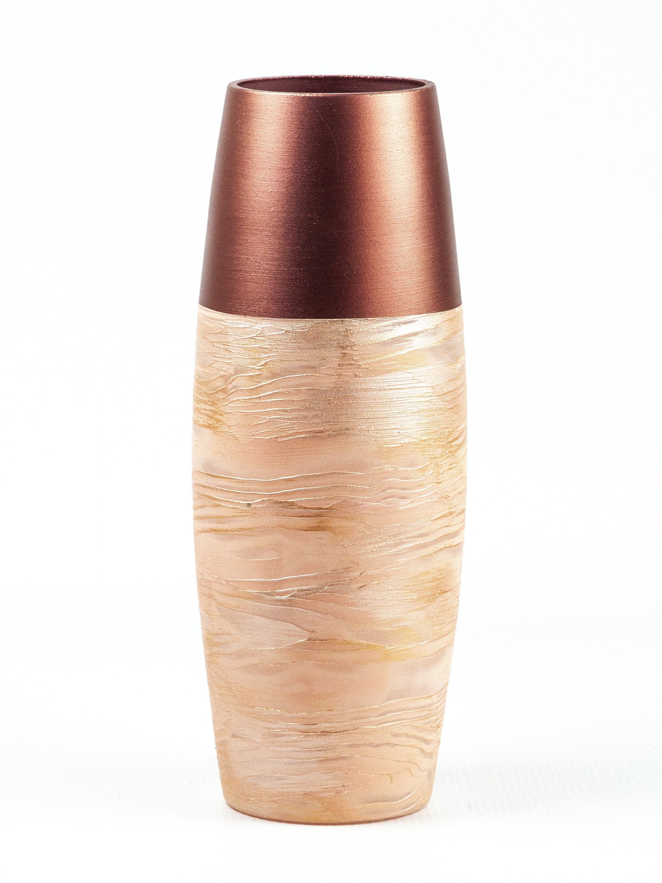 A beautifully hand-painted copper oval glass vase featuring unique artistic designs, perfect for displaying flowers and enhancing interior decor.