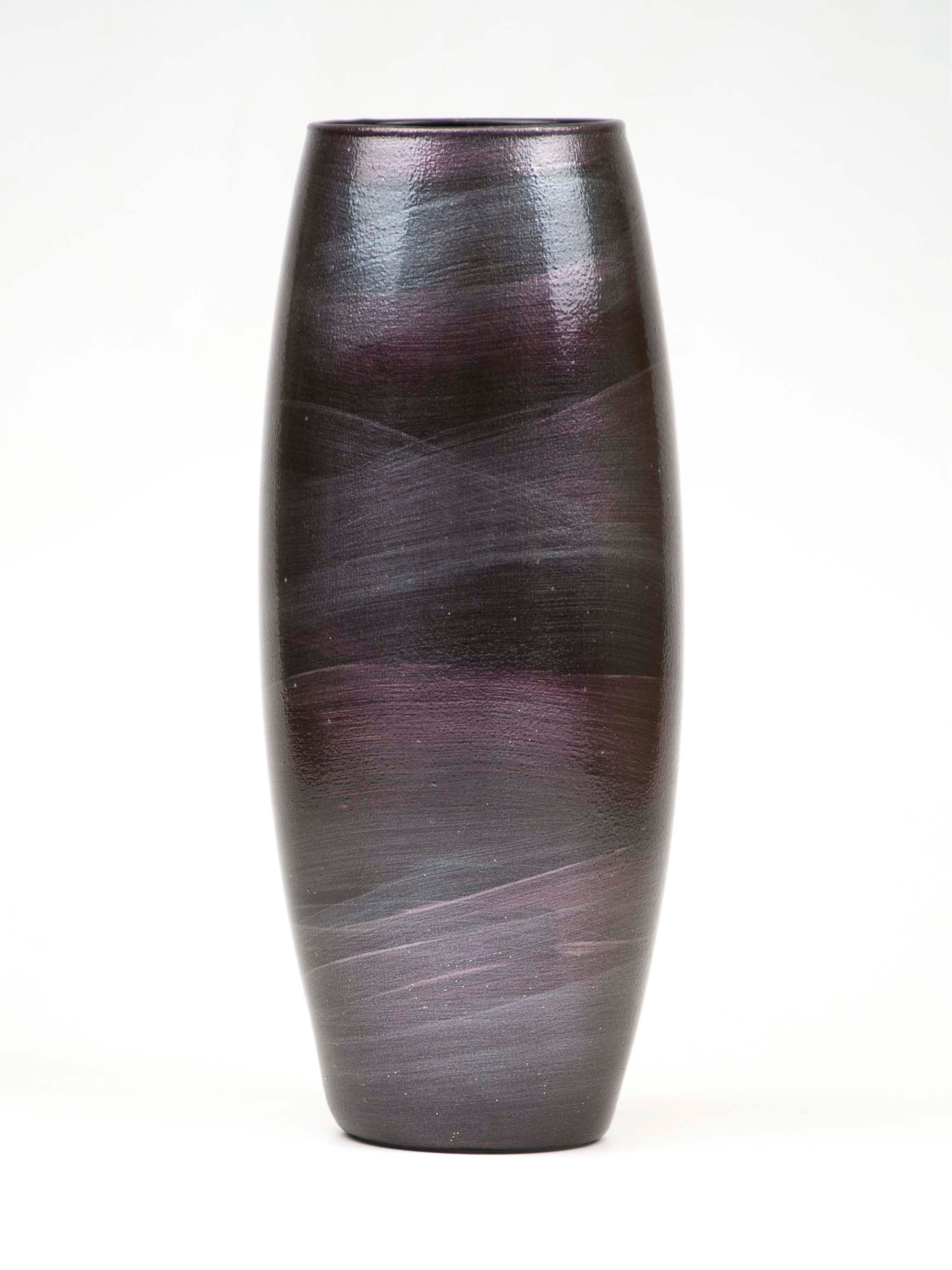 A glossy burgundy handpainted glass vase featuring unique floral and geometric designs, perfect for displaying flowers.