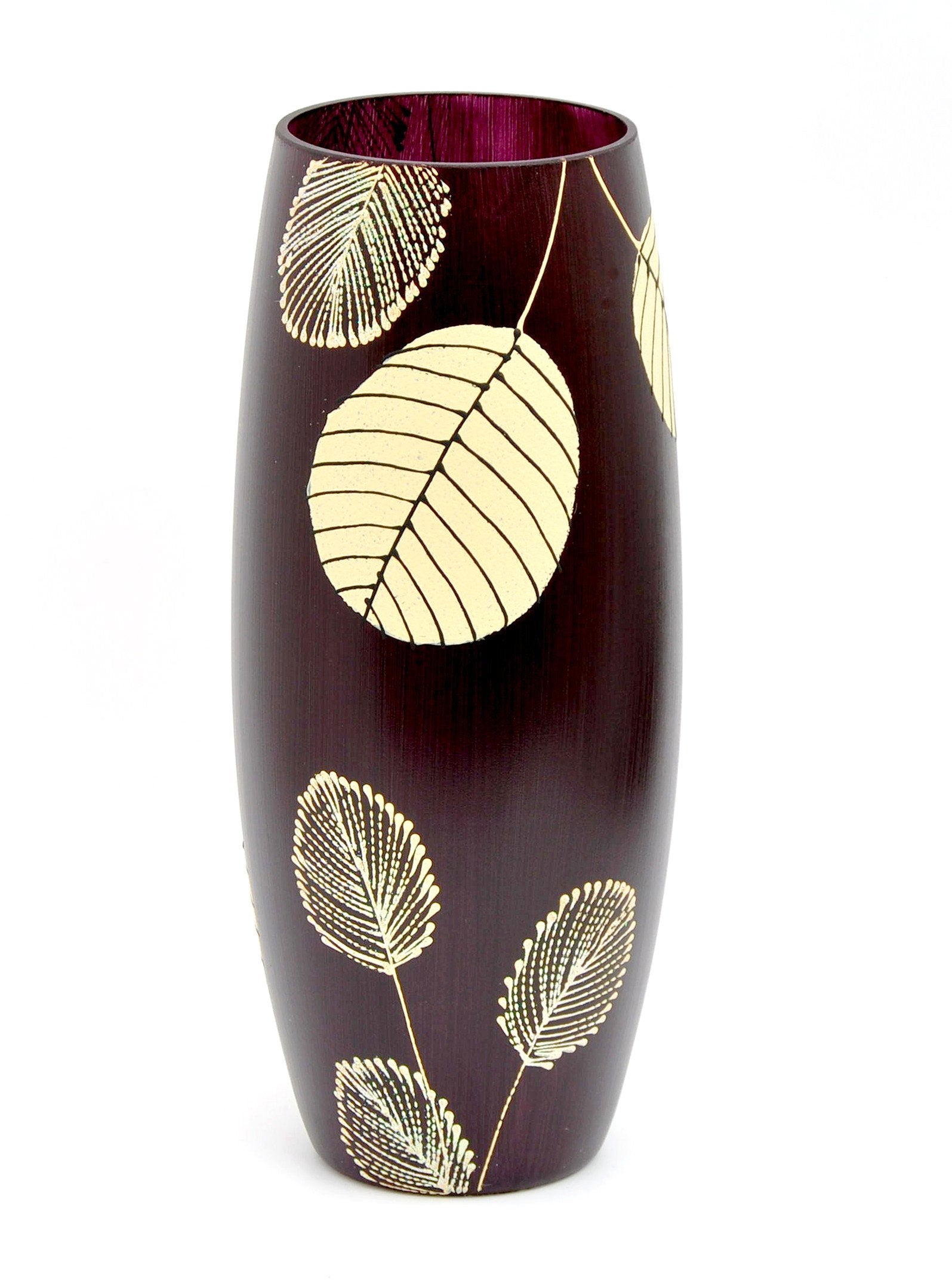 A beautifully hand-painted oval glass vase featuring intricate floral and geometric designs, perfect for displaying flowers in any interior setting.