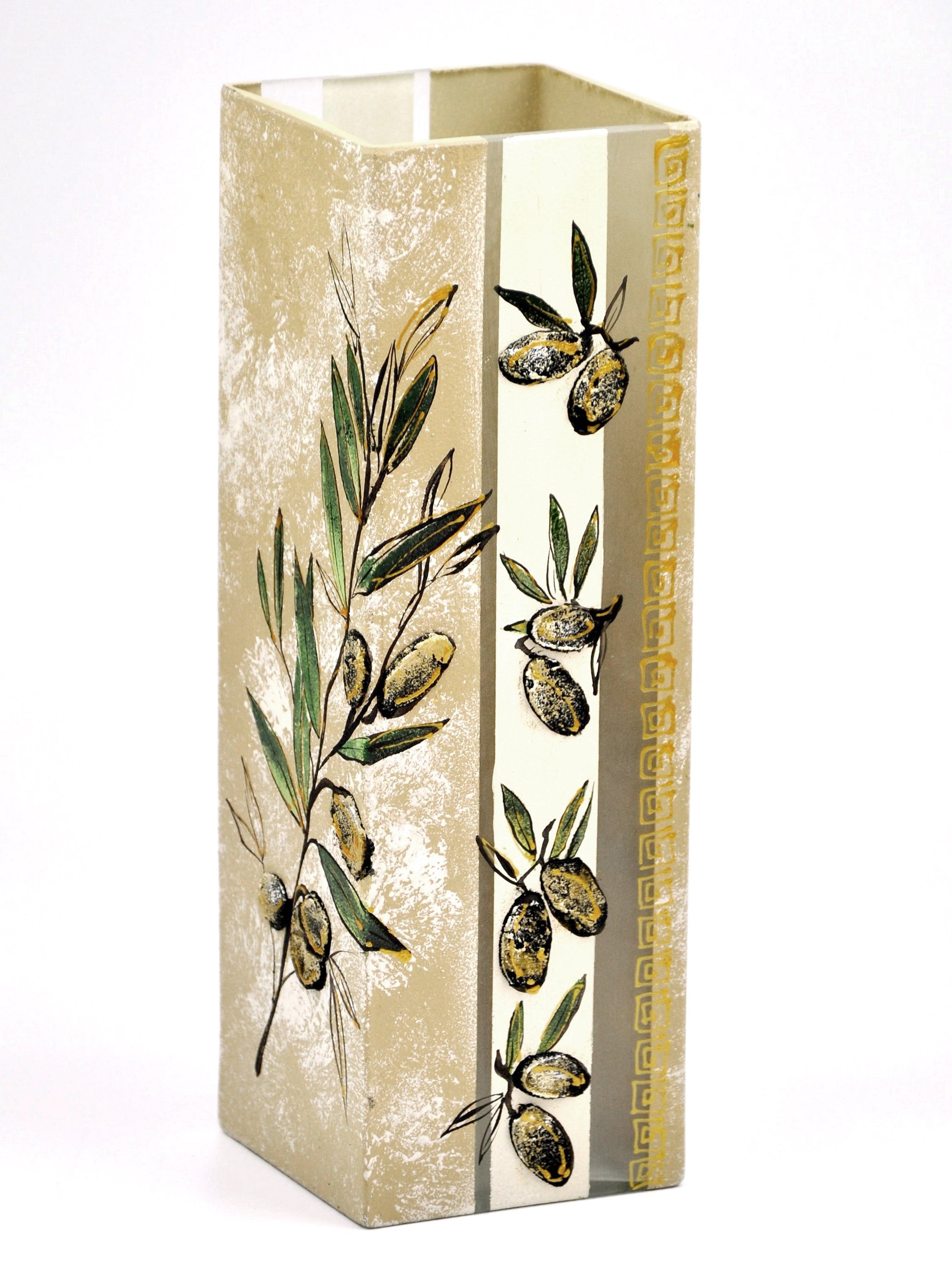 Handpainted Olives Glass Vase featuring unique designs and vibrant colors, perfect for home decor.
