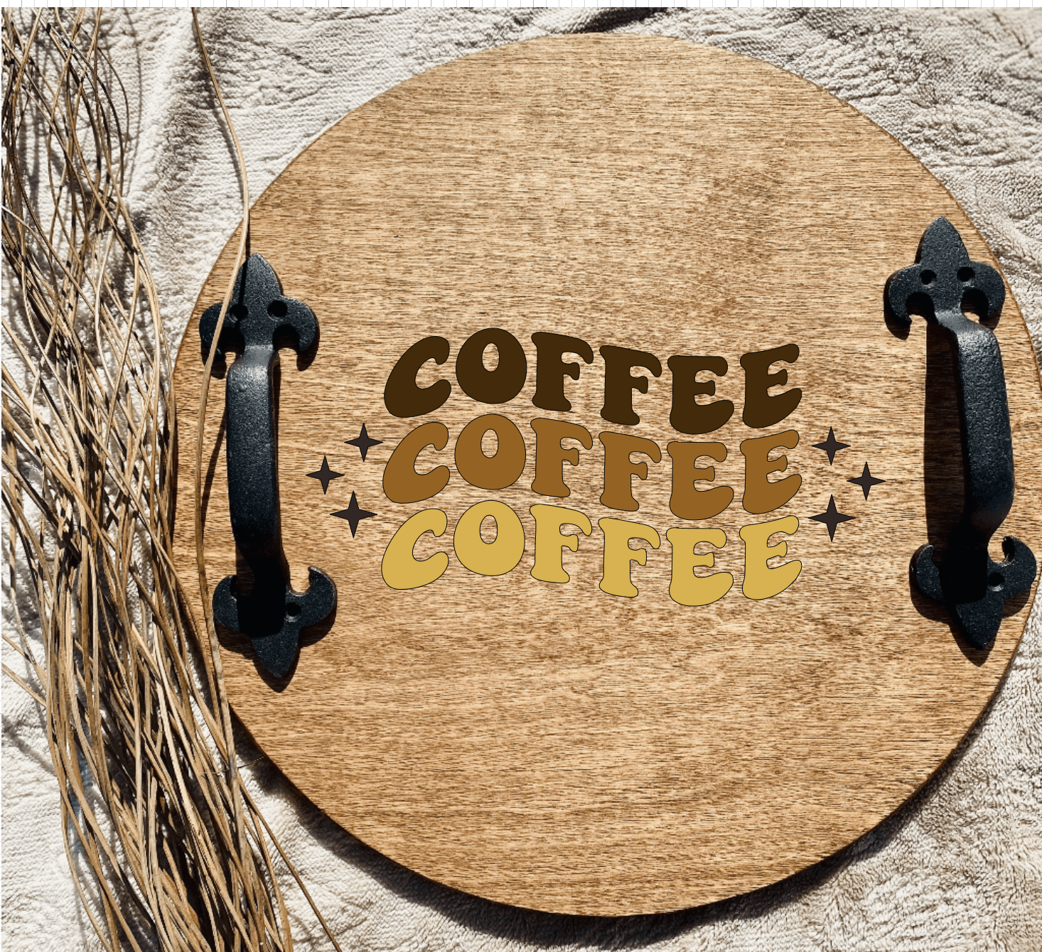 Hand-painted wooden serving tray with black metal handles, featuring vibrant colors and unique wood grain patterns.