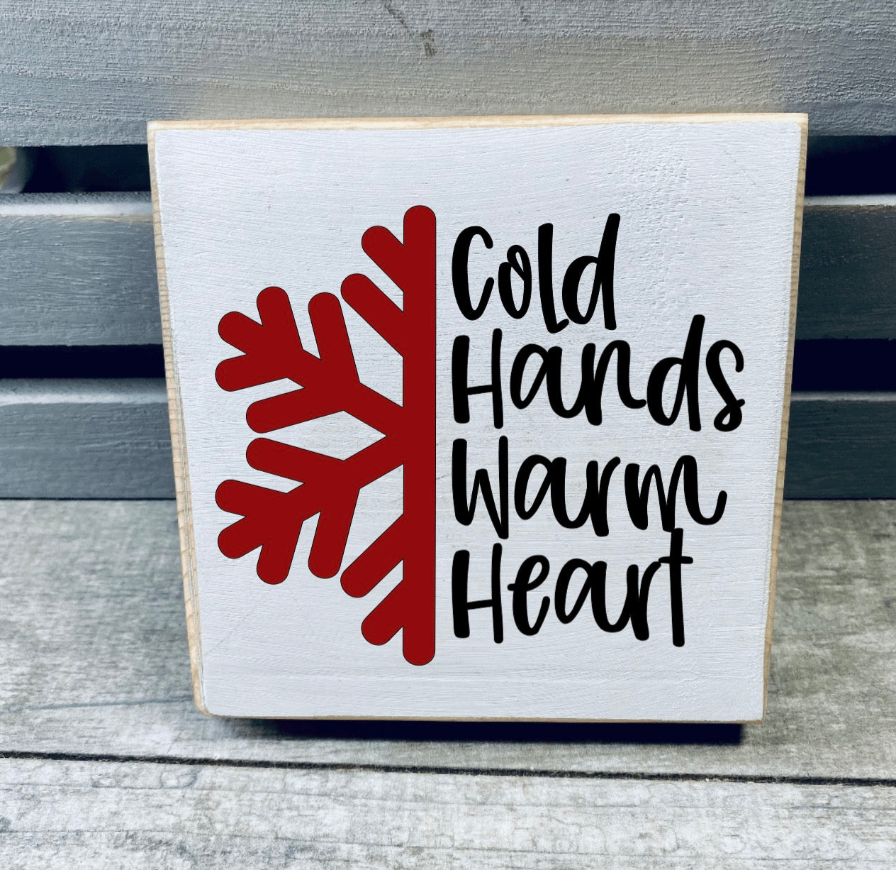 Hand-painted wooden Christmas sign, 4.5x4.5 inches, featuring festive design, perfect for shelves or tiered trays.