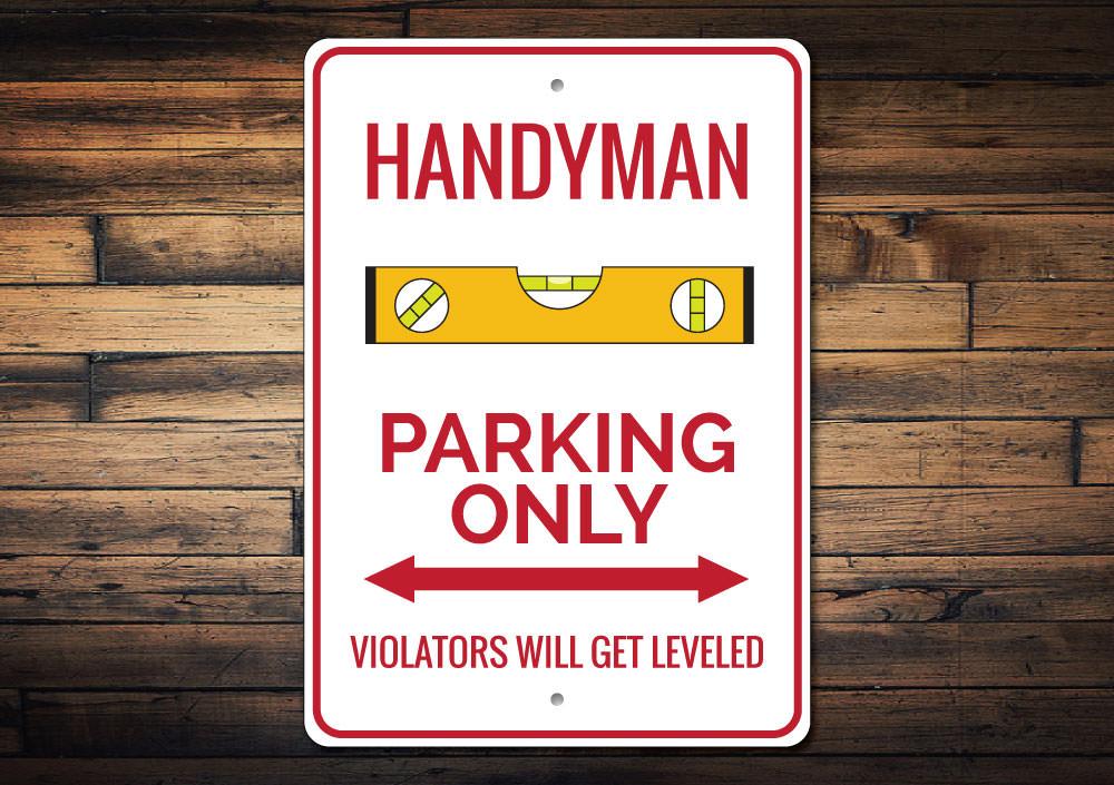 A customizable Handyman Parking Sign made of durable aluminum, featuring pre-drilled holes for easy mounting, showcasing various designs for different professions.