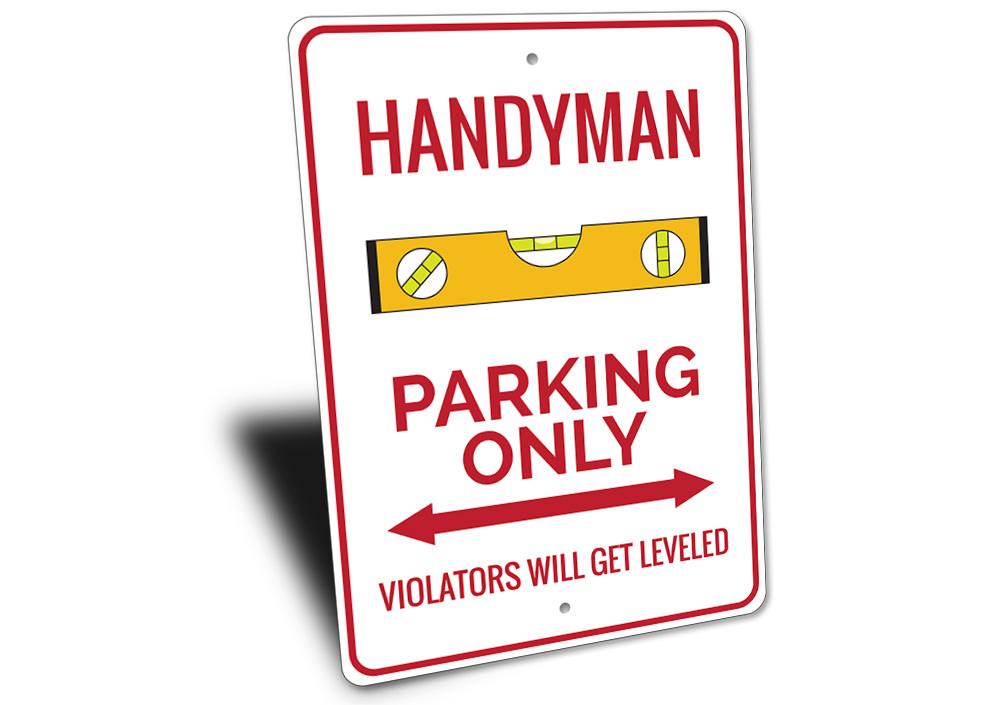 A customizable Handyman Parking Sign made of durable aluminum, featuring pre-drilled holes for easy mounting, showcasing various designs for different professions.