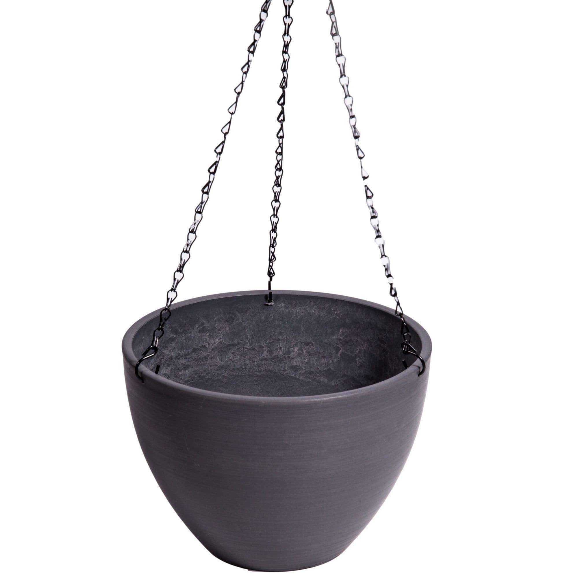 Hanging Grey Plastic Pot with Chain, showcasing a modern design made from recycled materials, perfect for indoor and outdoor plants.
