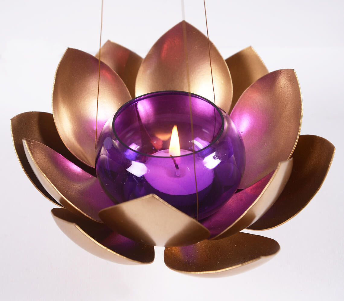 Hanging Lotus Iron and Tinted Glass Tea Light Holder showcasing intricate design and multicolor finish, perfect for home decor.