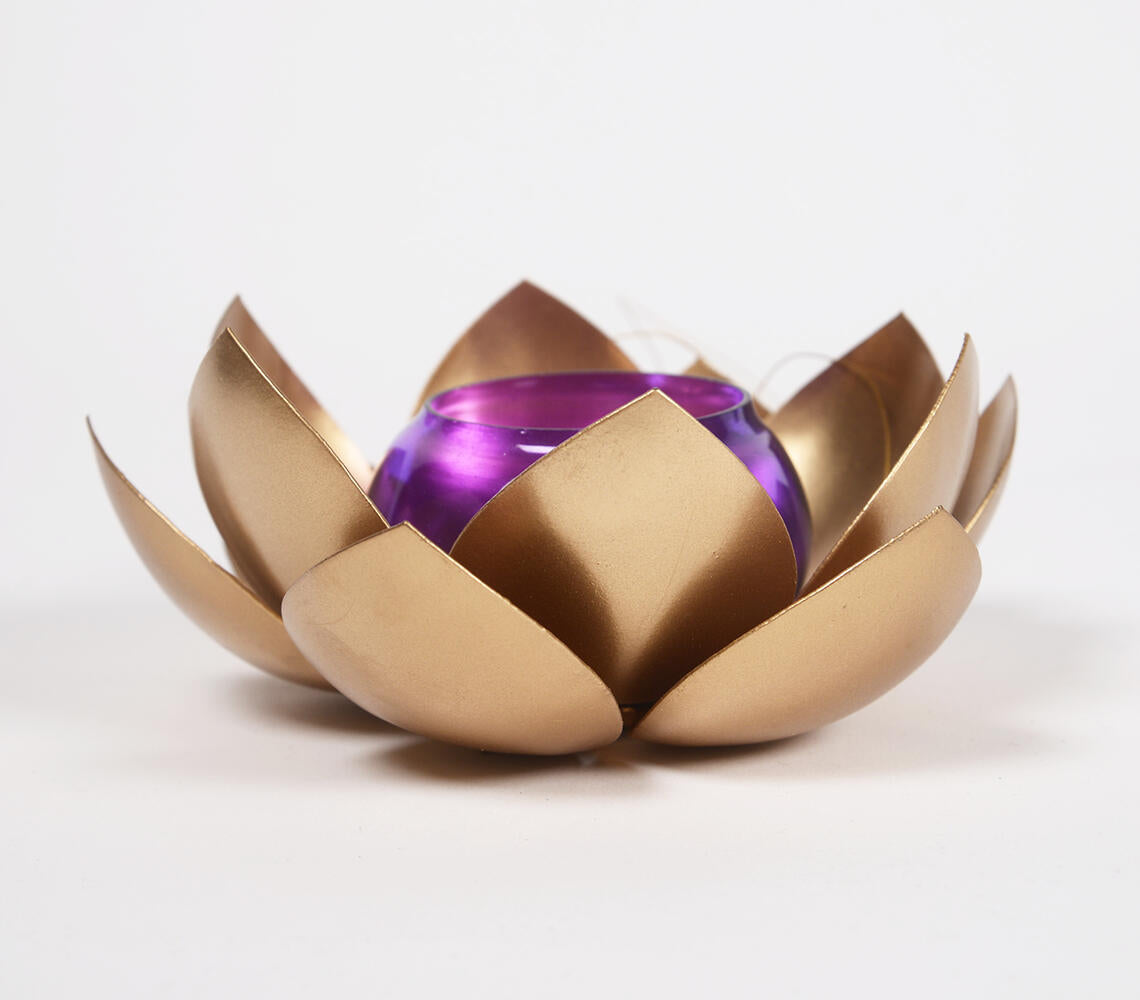 Hanging Lotus Iron and Tinted Glass Tea Light Holder showcasing intricate design and multicolor finish, perfect for home decor.