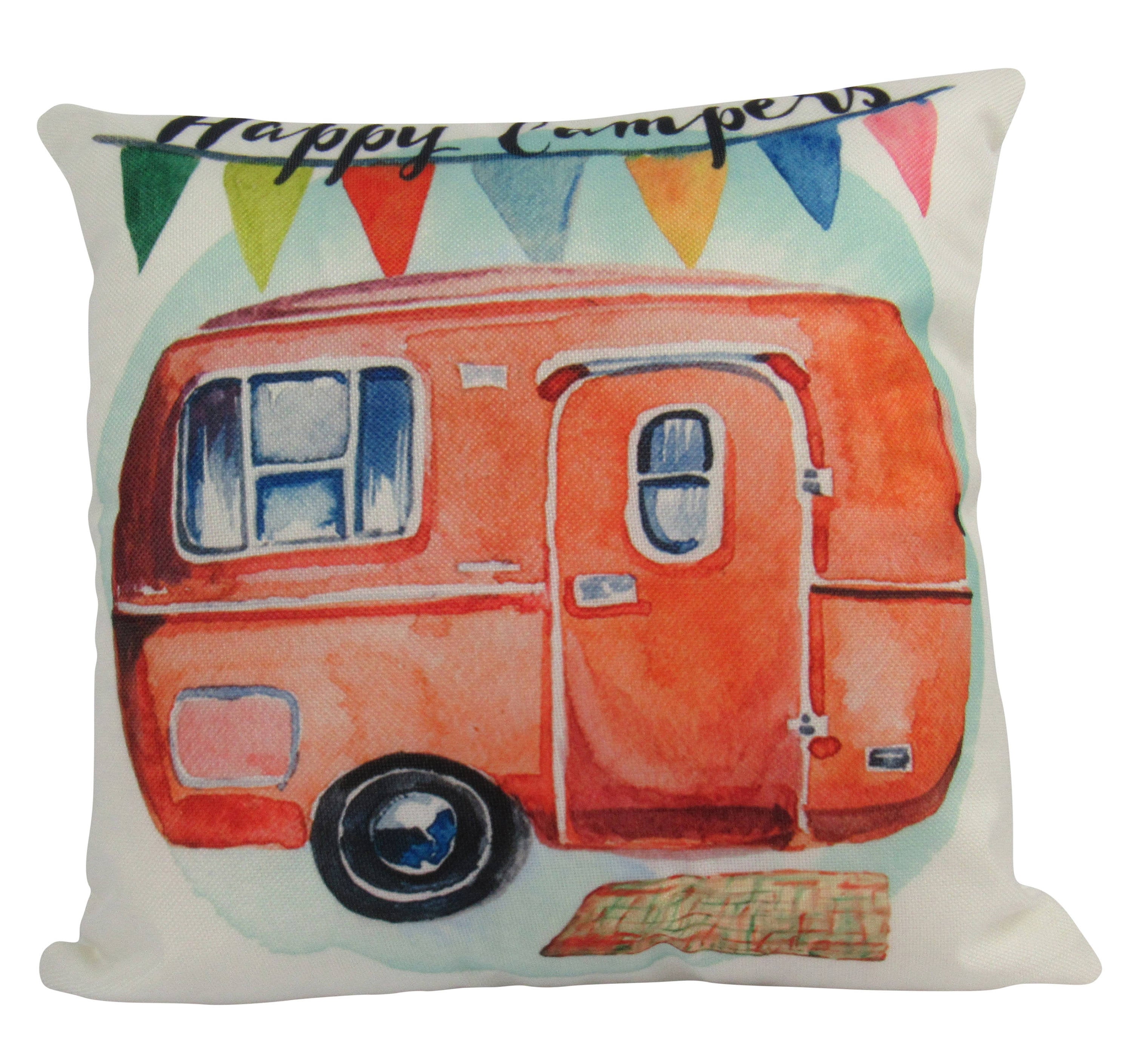 Happy Camper pillow cover featuring a red camper trailer design on a white background, perfect for RV and trailer decorations.