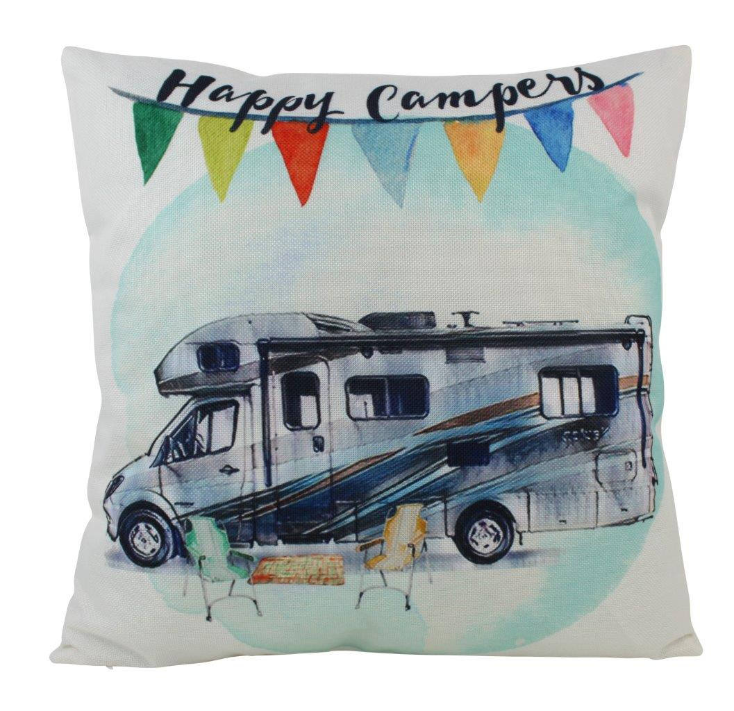Happy Camper RV pillow cover featuring a colorful Class C RV design, handmade in America, with a concealed zipper and sturdy cotton/polyester blend fabric.