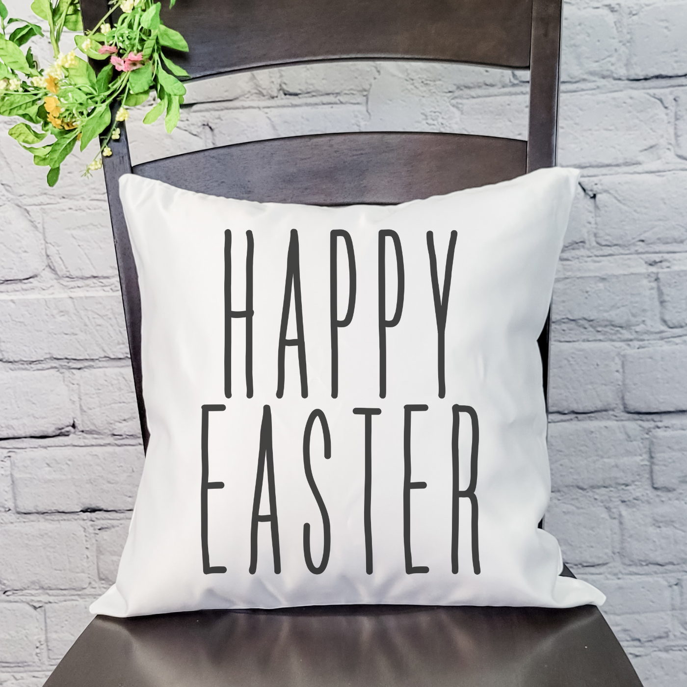 Happy Easter Text Tall Pillow Cover featuring floral designs on a soft linen fabric, perfect for spring decor.