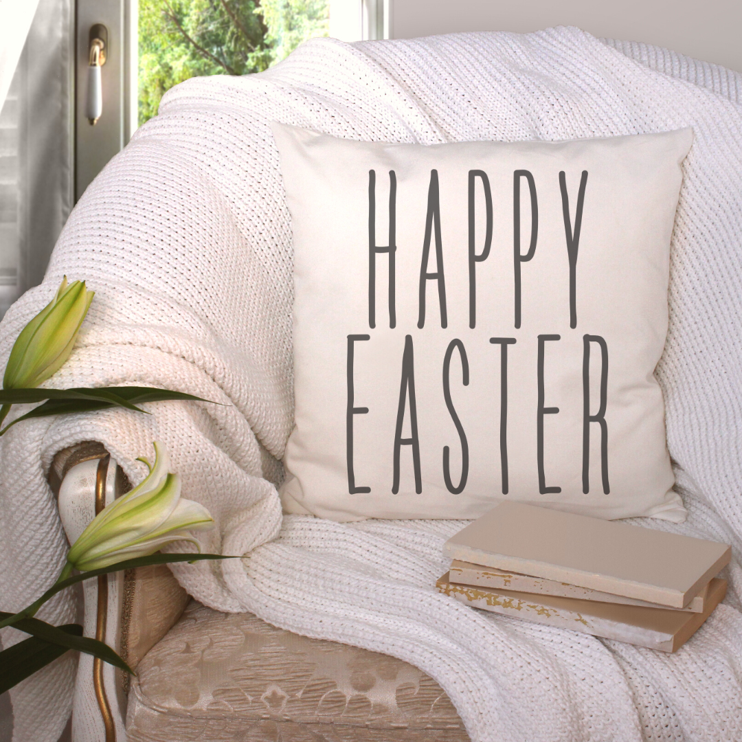 Happy Easter Text Tall Pillow Cover featuring floral designs on a soft linen fabric, perfect for spring decor.