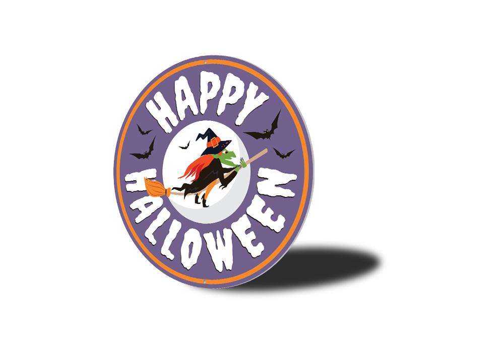 Happy Halloween Witch Sign made of quality aluminum, featuring a whimsical witch design perfect for Halloween decor.