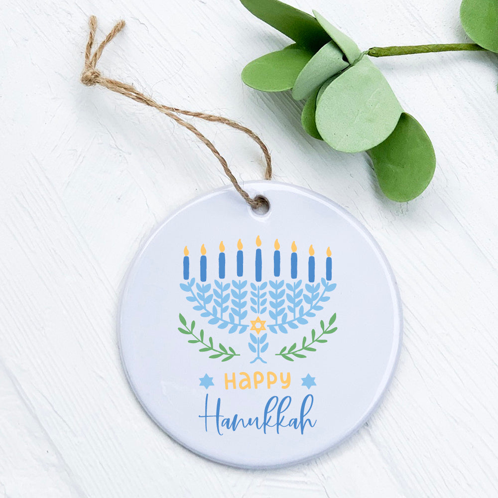 Happy Hanukkah ornament made of high-quality porcelain with original festive designs, perfect for holiday decor and gifting.