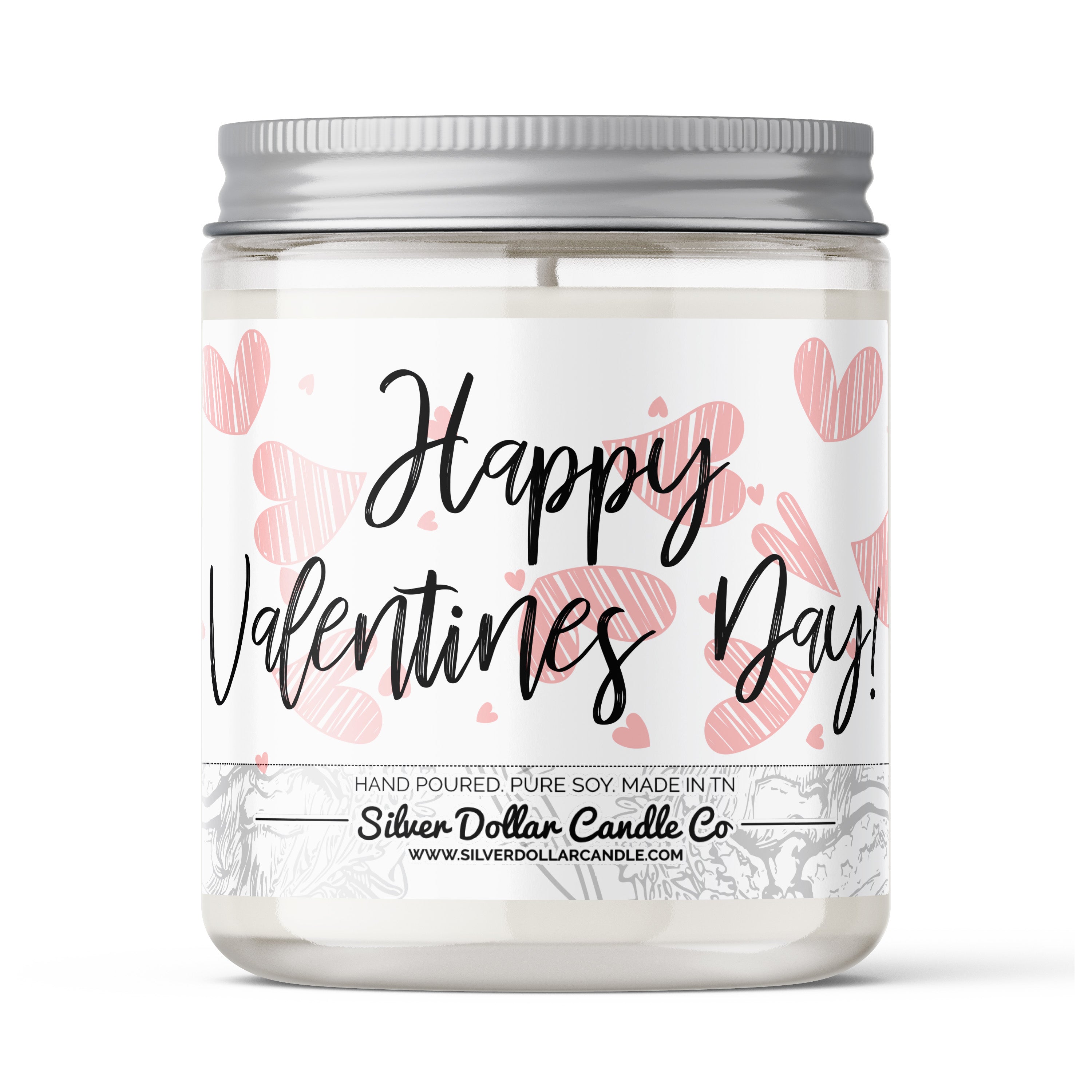 Happy Valentine's Day scented candle with pink hearts and elegant script design.