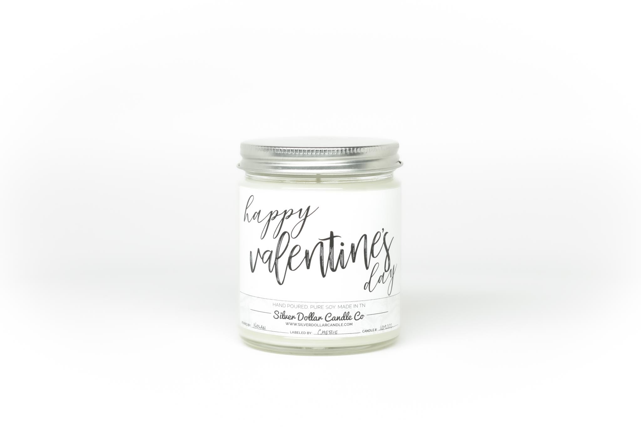 Happy Valentine's Day scented candle in a decorative box, showcasing beautiful design and personalization options.
