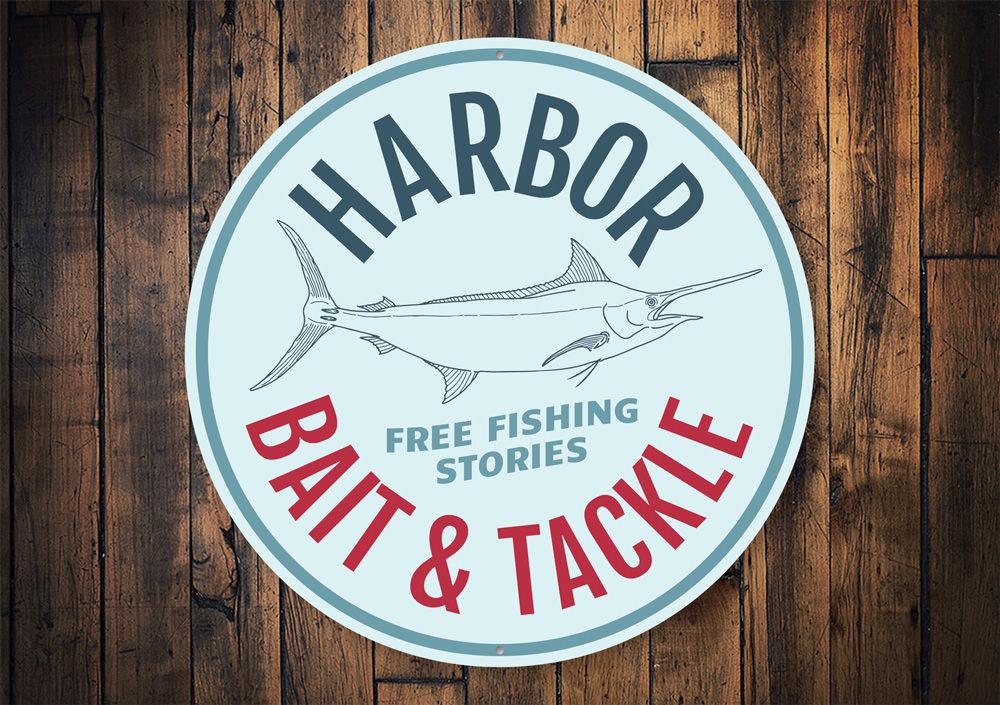 Harbor Bait and Tackle Sign made of high-quality aluminum, featuring customizable text and pre-drilled holes for easy mounting, perfect for lakehouse decor.