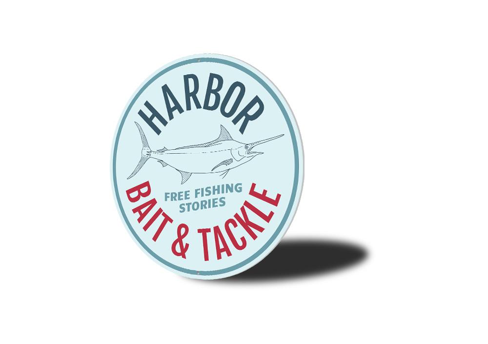 Harbor Bait and Tackle Sign made of high-quality aluminum, featuring customizable text and pre-drilled holes for easy mounting, perfect for lakehouse decor.