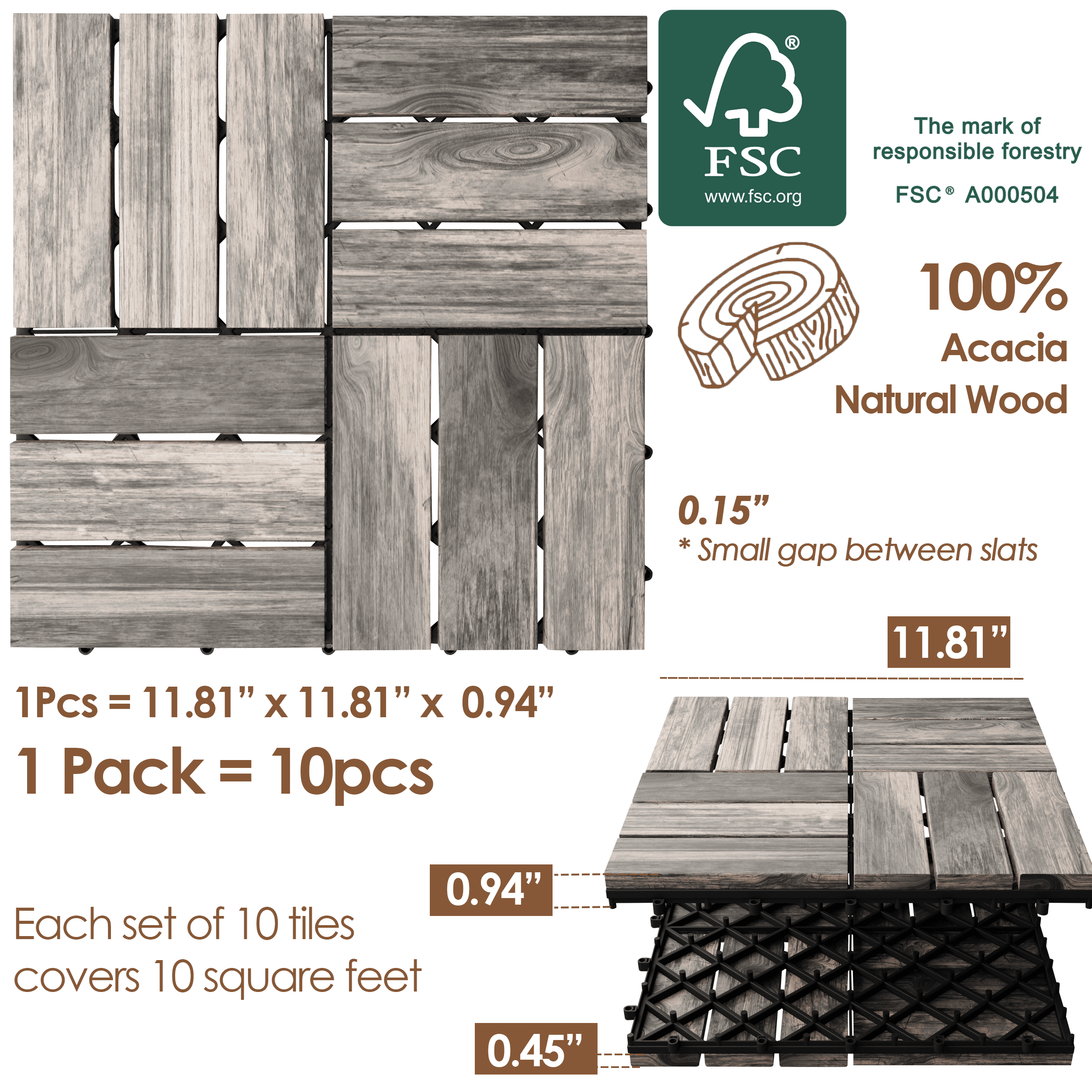 Hardwood interlocking patio deck tiles made of solid acacia wood, showcasing a natural finish and non-slip rubber feet for safety.