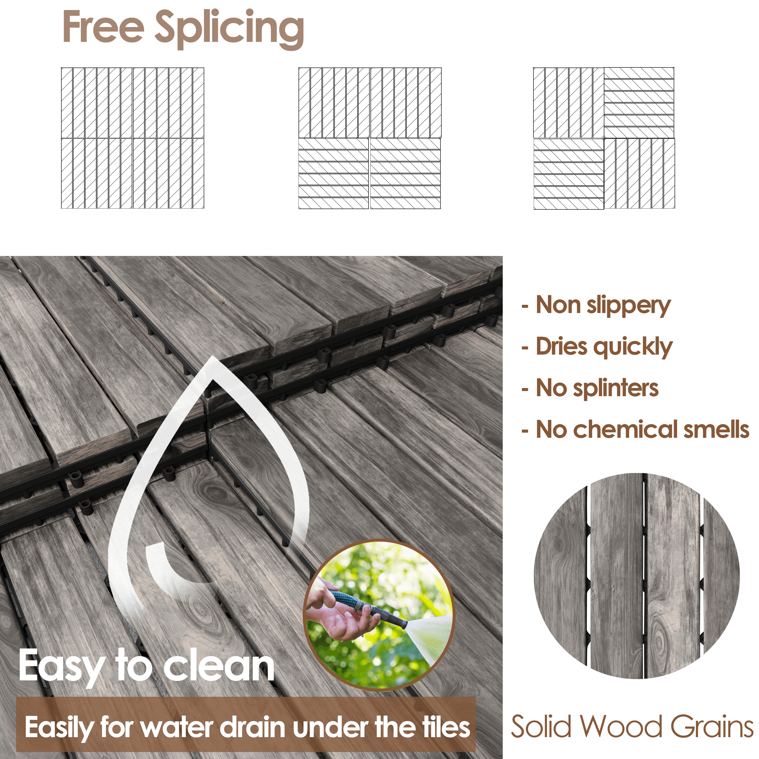 Hardwood interlocking patio deck tiles made of solid acacia wood, showcasing a natural finish and non-slip rubber feet for safety.