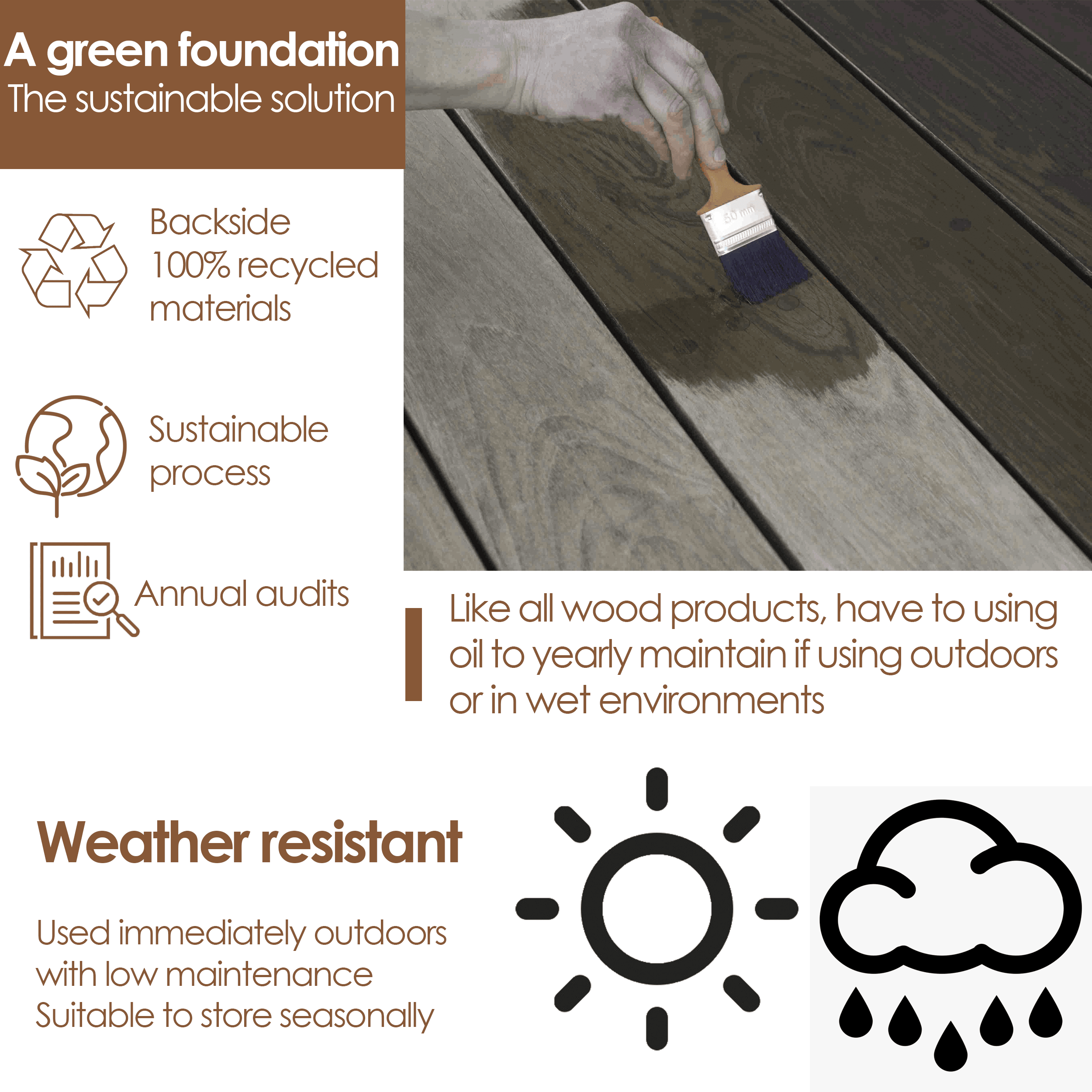 Hardwood interlocking patio deck tiles made of solid acacia wood, showcasing a natural finish and non-slip rubber feet for safety.