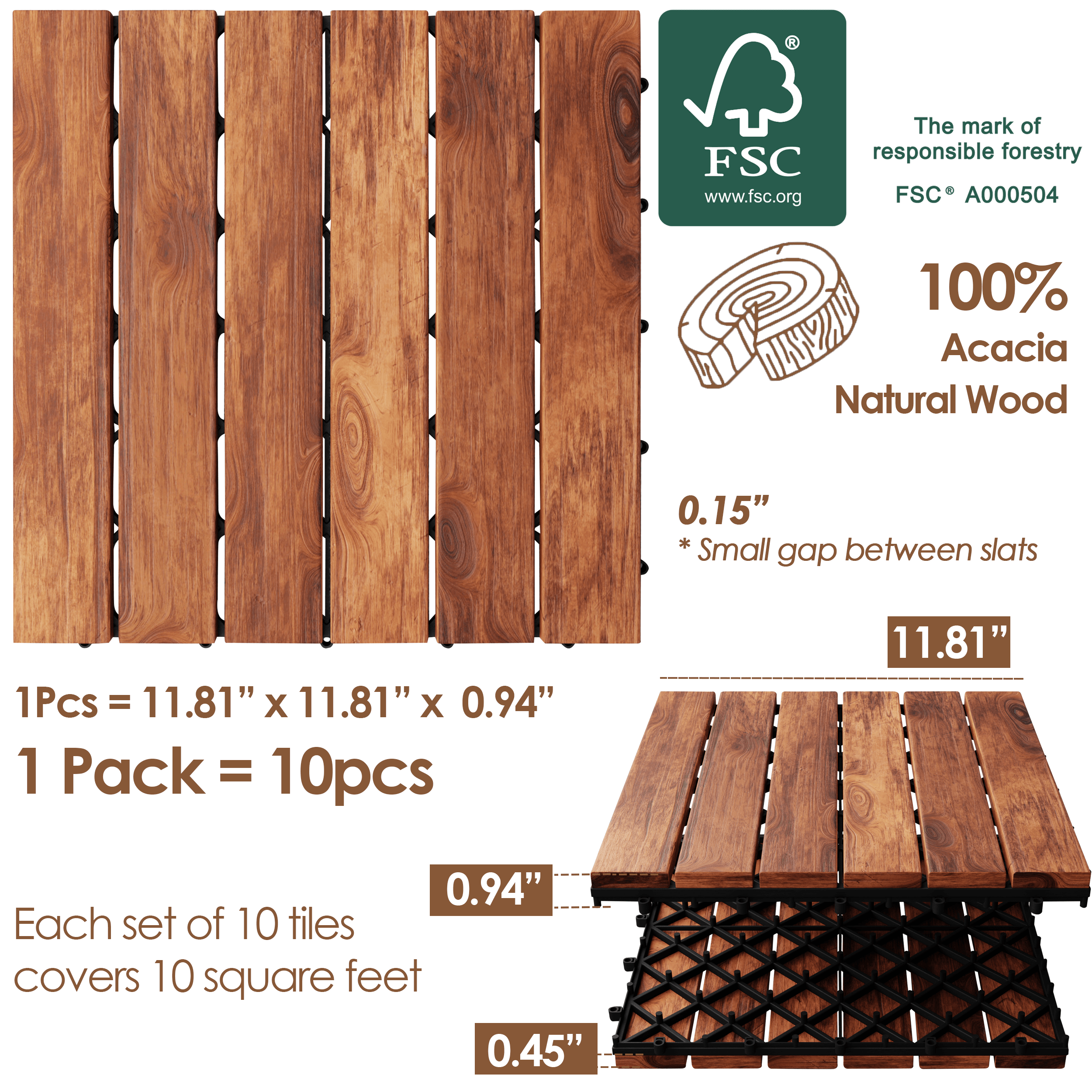 Hardwood interlocking patio deck tiles made from solid acacia wood, showcasing a natural finish and interlocking design for easy installation.