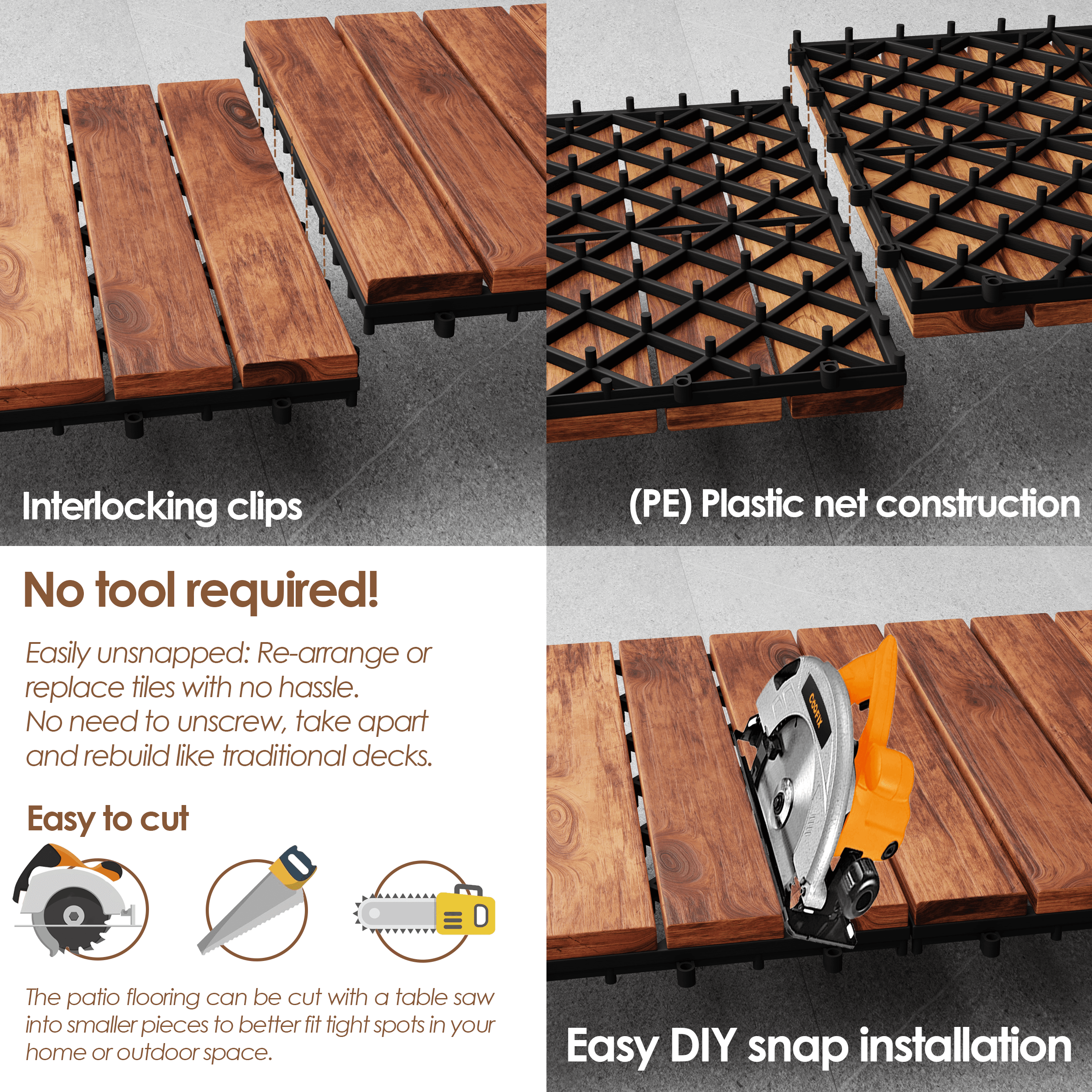 Hardwood interlocking patio deck tiles made from solid acacia wood, showcasing a natural finish and interlocking design for easy installation.