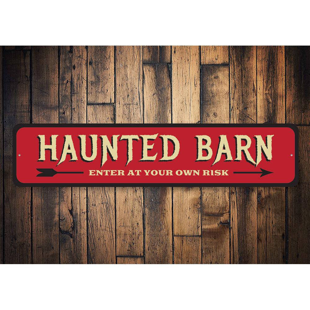 A spooky Haunted Barn Sign made of high-quality aluminum, featuring eerie graphics perfect for Halloween decorations.