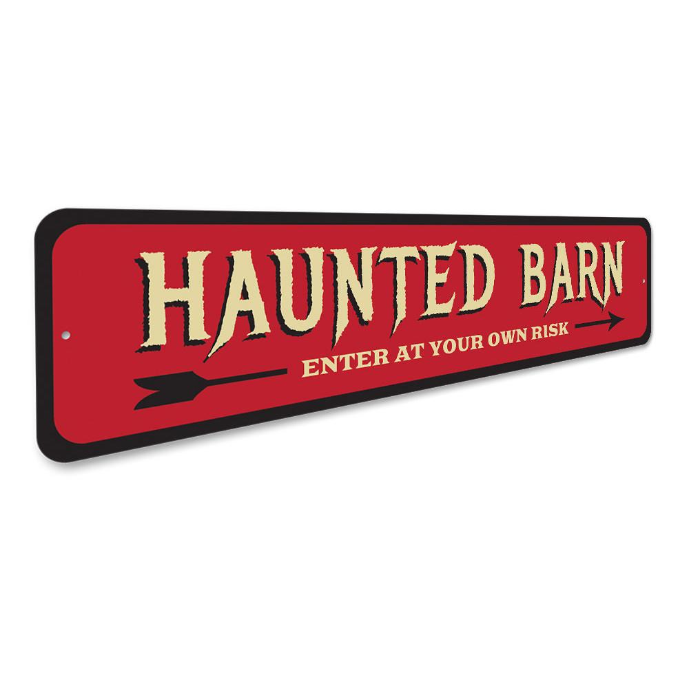 A spooky Haunted Barn Sign made of high-quality aluminum, featuring eerie graphics perfect for Halloween decorations.
