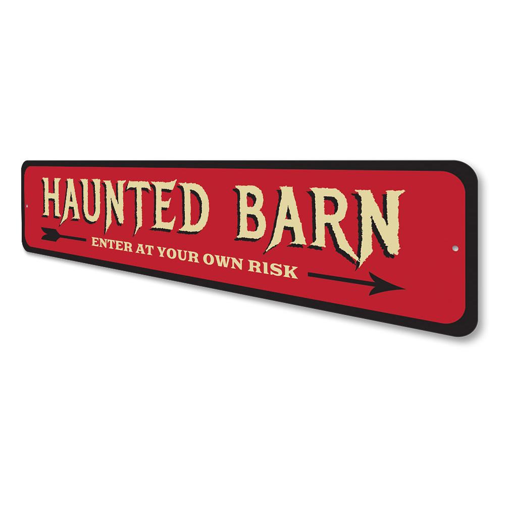 A spooky Haunted Barn Sign made of high-quality aluminum, featuring eerie graphics perfect for Halloween decorations.