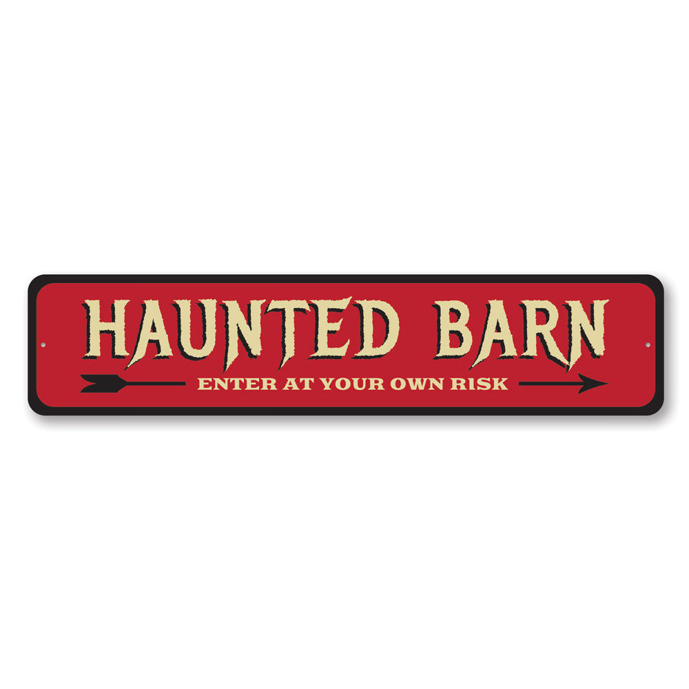 A spooky Haunted Barn Sign made of high-quality aluminum, featuring eerie graphics perfect for Halloween decorations.
