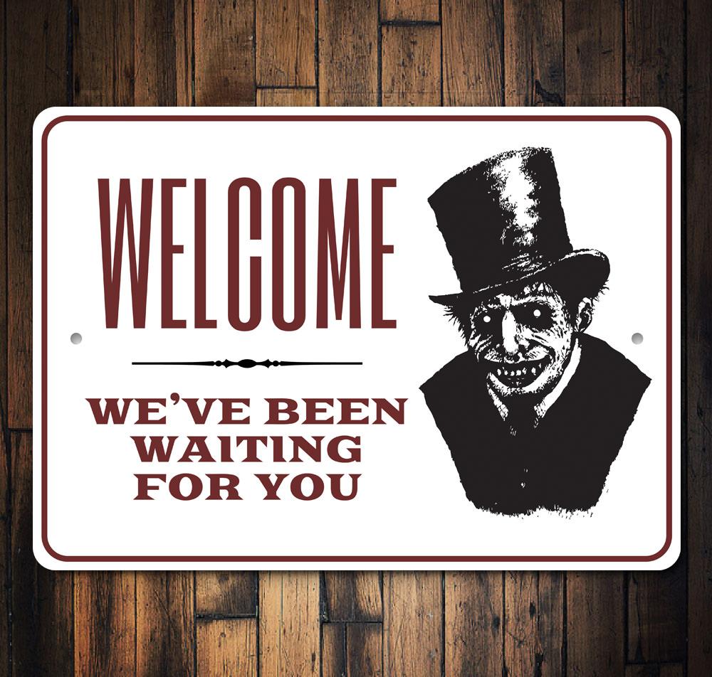 Haunted House Welcome Sign featuring spooky design, made of durable aluminum, perfect for Halloween decorations.